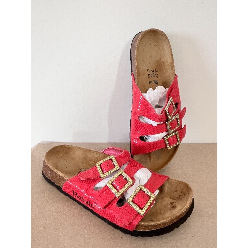 Women’s Pink Triple-Buckle Slide Sandals with Gold Buckles